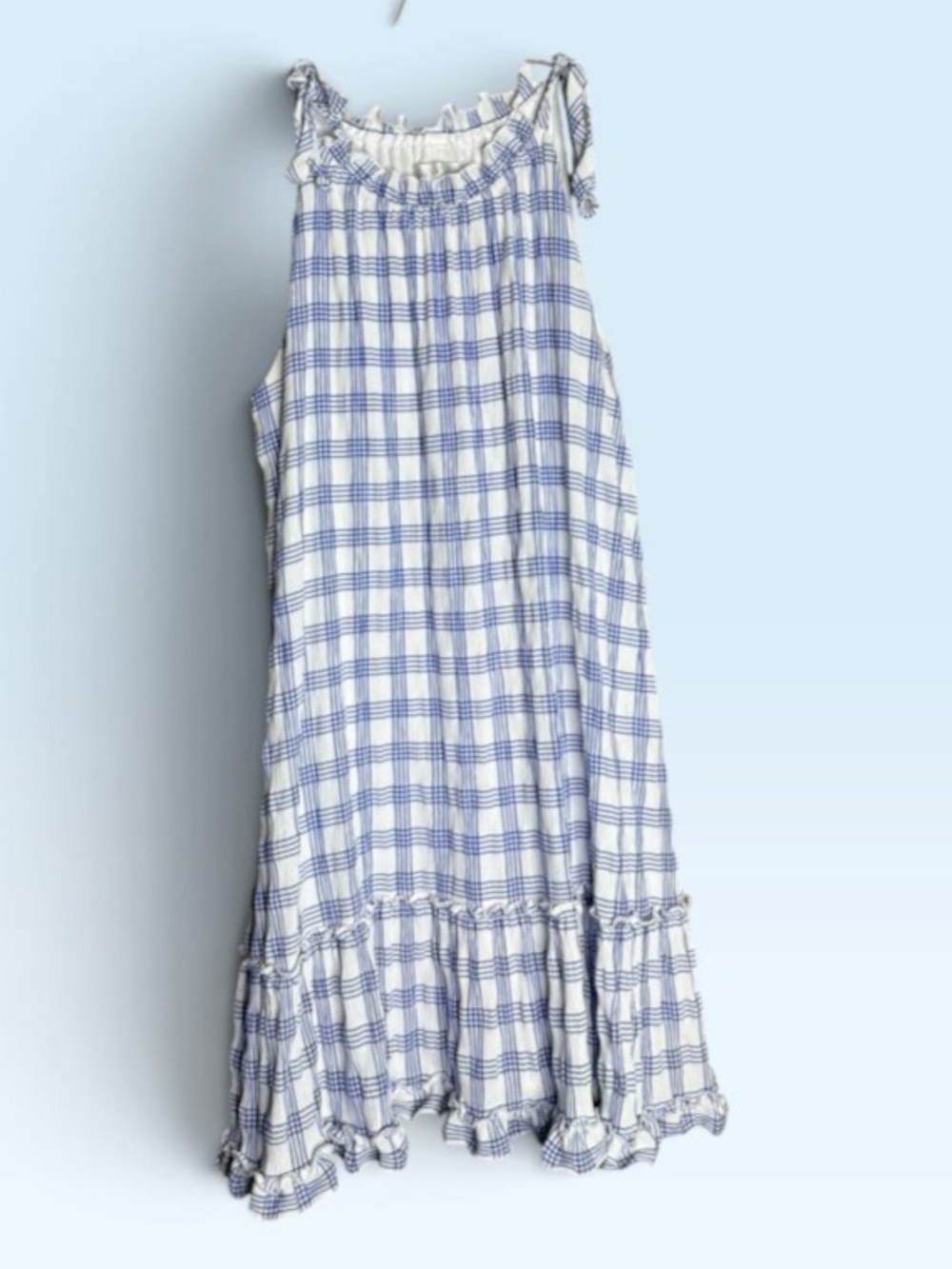 Signature by Robbie Bee XL Blue White Plaid Tie Shoulder Ruffle Midi Dress